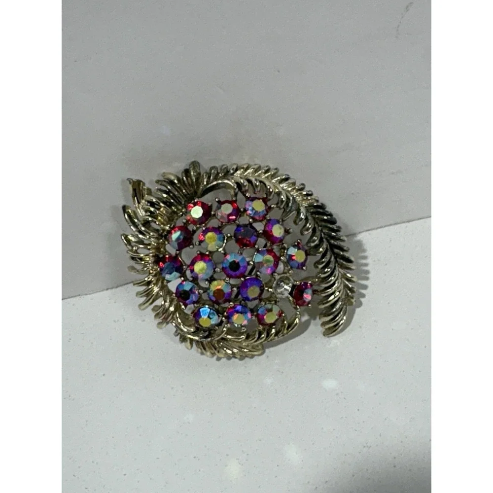 Vitntage Aurora Borealis Brooch Rhinestones Silver Tone Large Pin Gorgeous‎